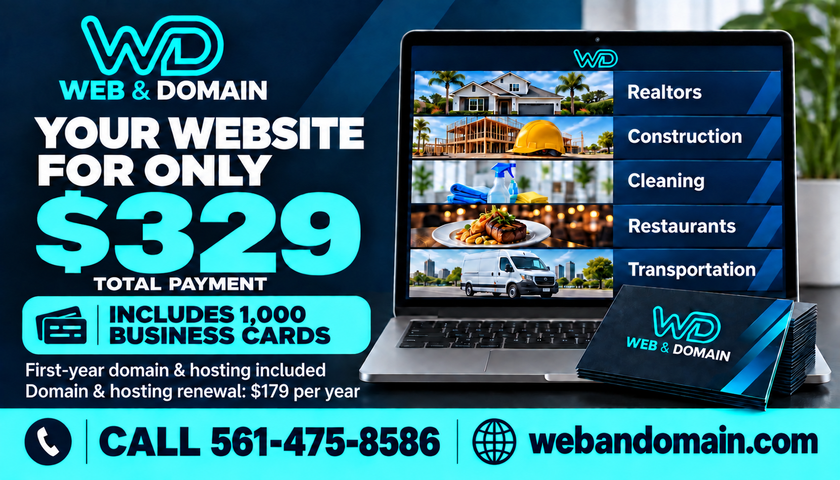 Web & Domain $329 single-page landing page special with first-year domain and hosting plus 1,000 business cards
